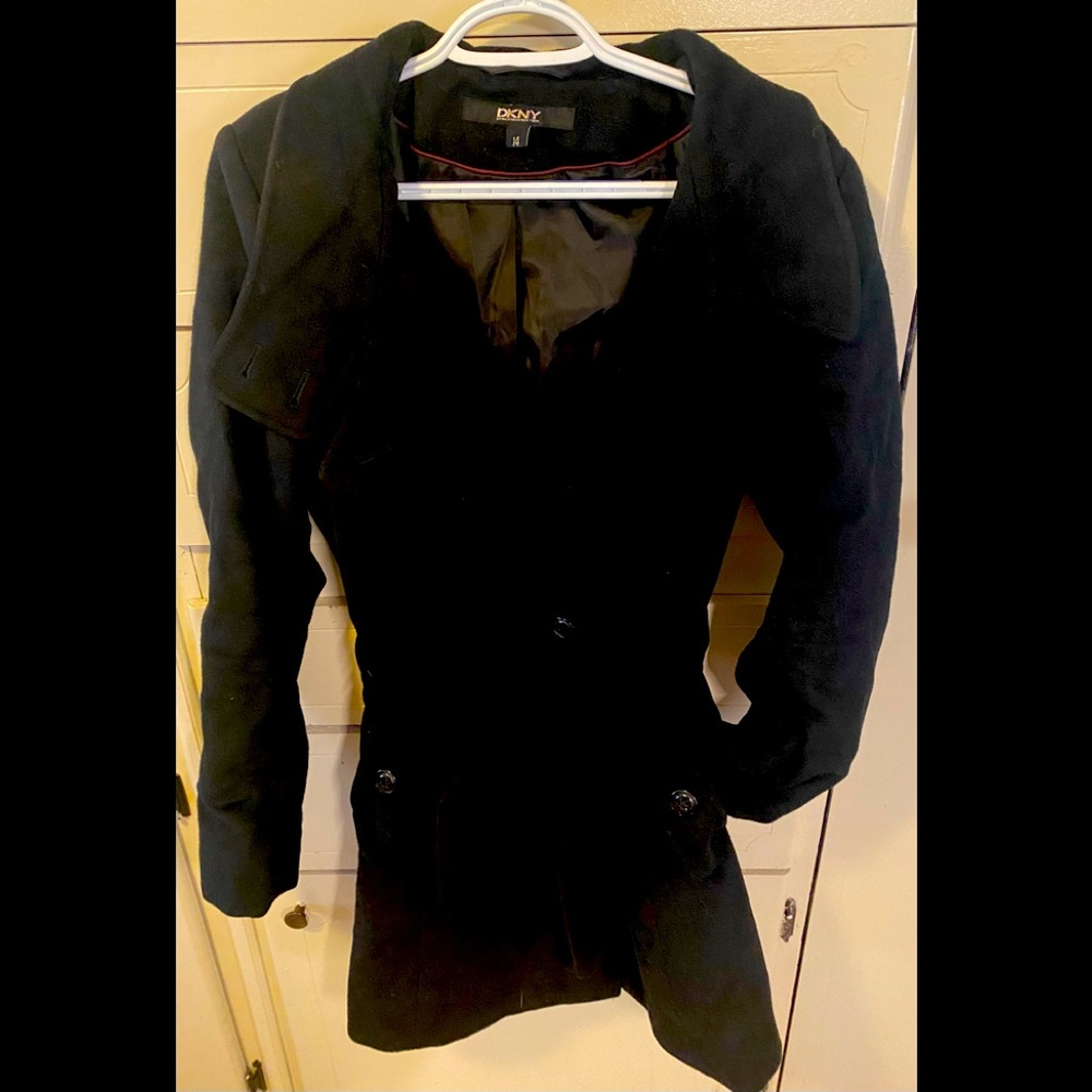 DKNY Black wool blend 3 button dress winter coat